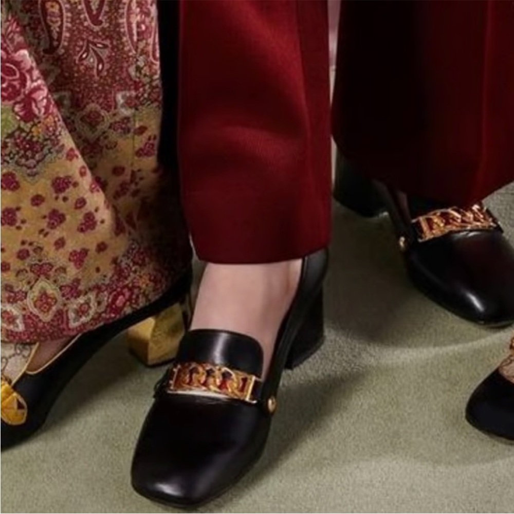 GUCCI Sylvie Black Leather Mid-Heel Block Heels with Brass Hardware